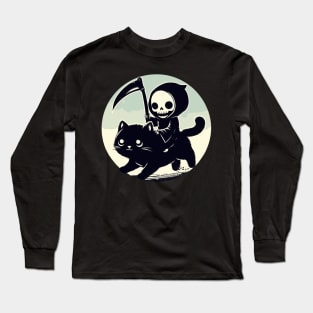 Kawaii Grim Reaper Riding on Black Cat Long Sleeve T-Shirt